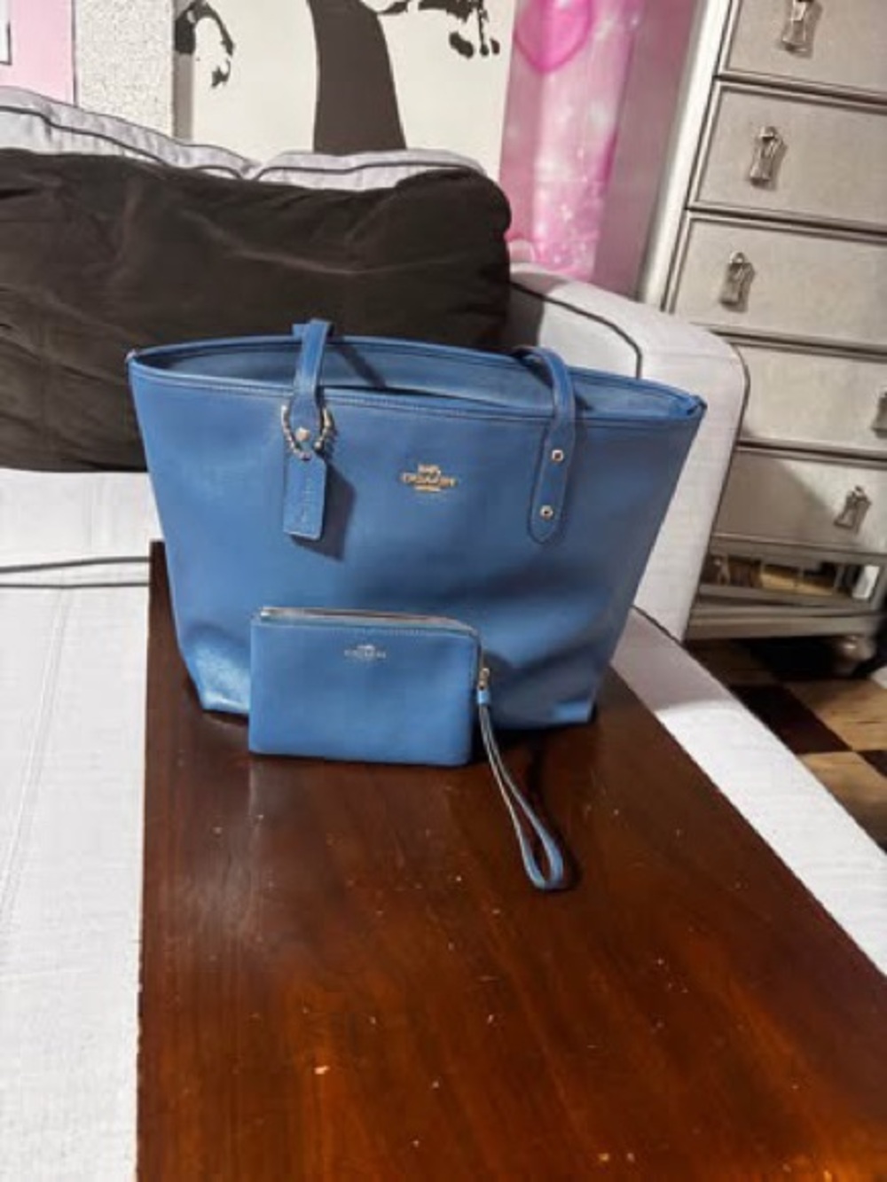 Coach Blue Leather Tote with Matching Wristlet - Coach